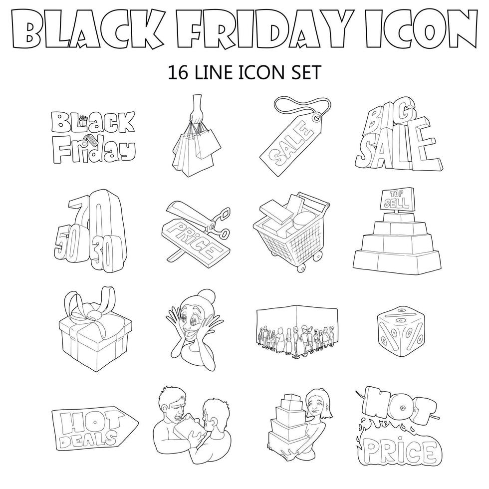 conjunto de iconos de viernes negro, estilo de esquema vector