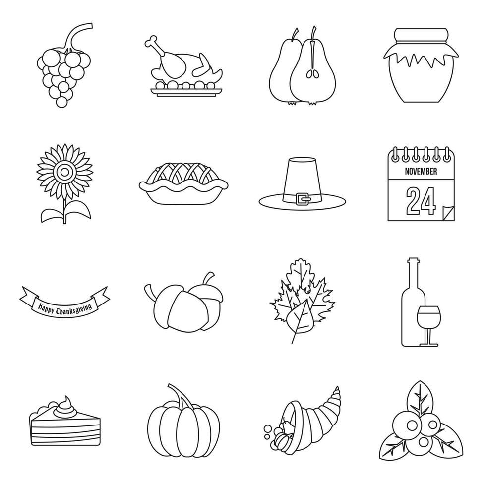 Thanksgiving icons set, outline style vector