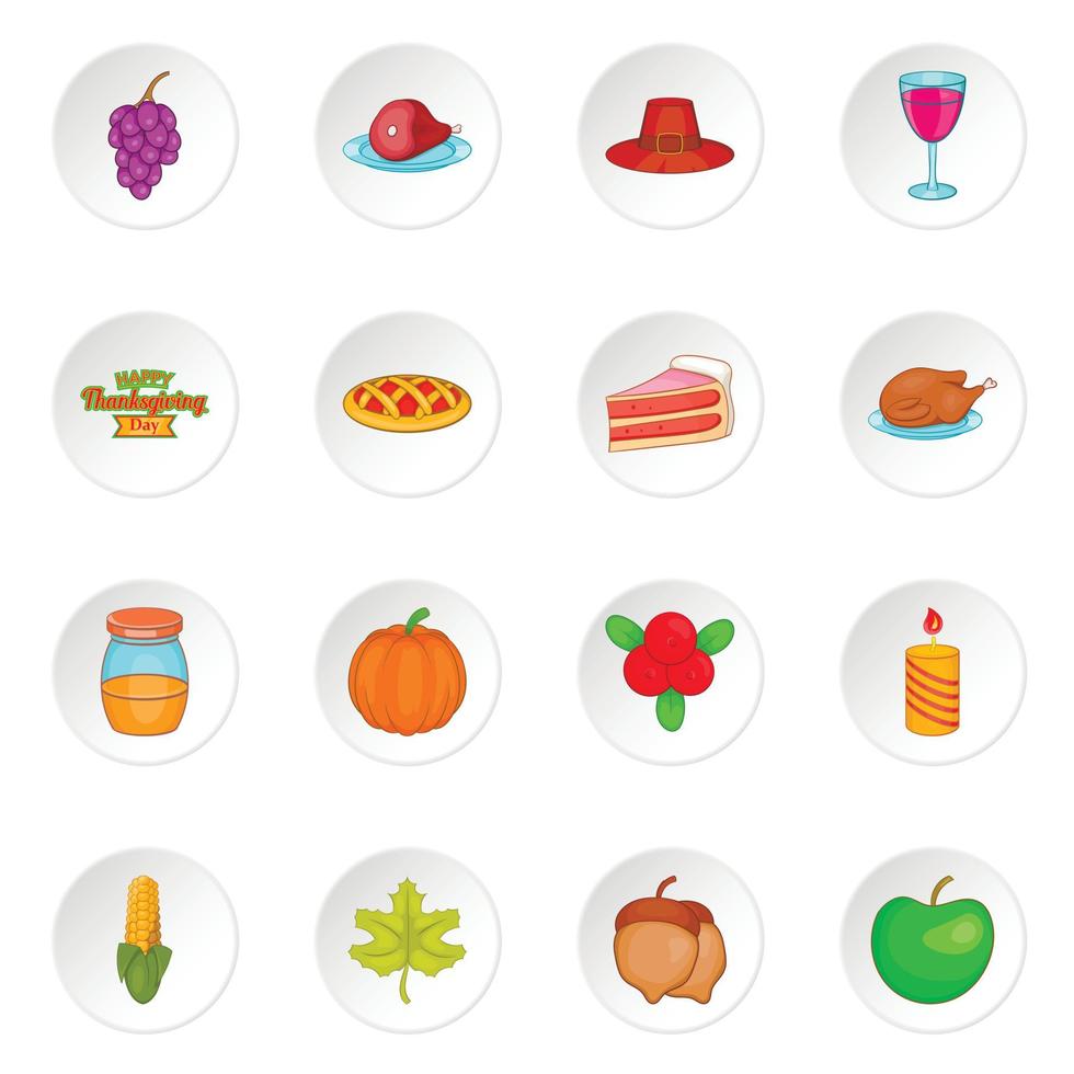 Thanksgiving icons set, cartoon style vector