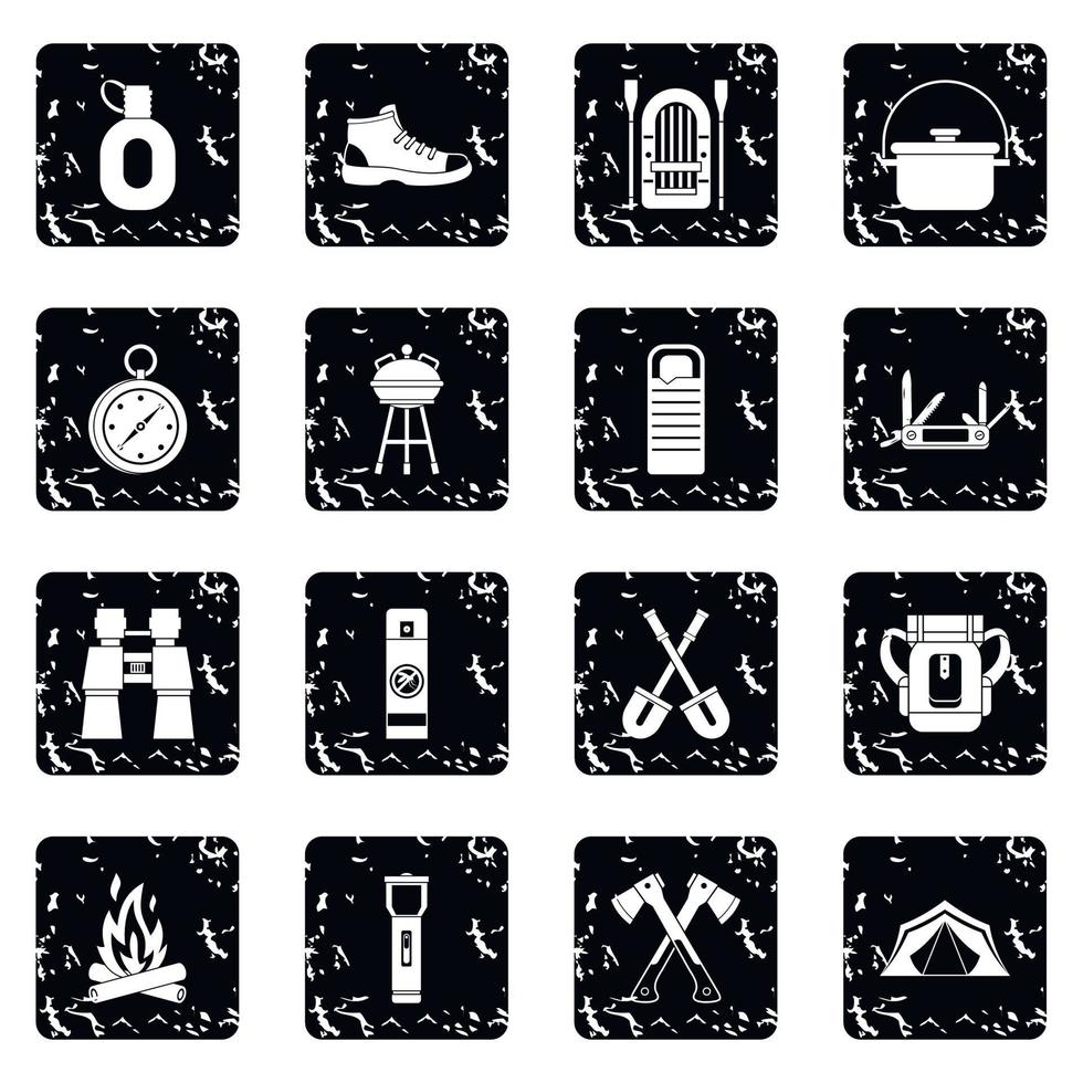 Camping icons set, grunge style vector