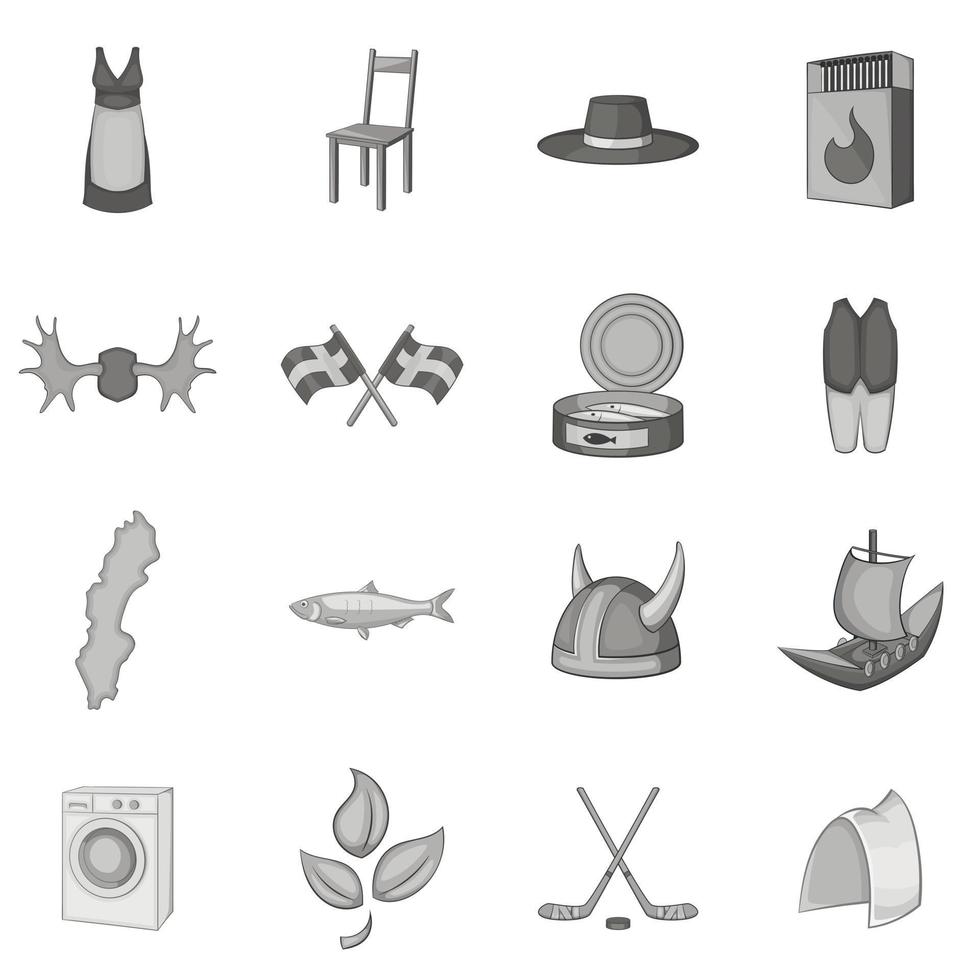 Conjunto de iconos de Suecia, estilo monocromo gris vector