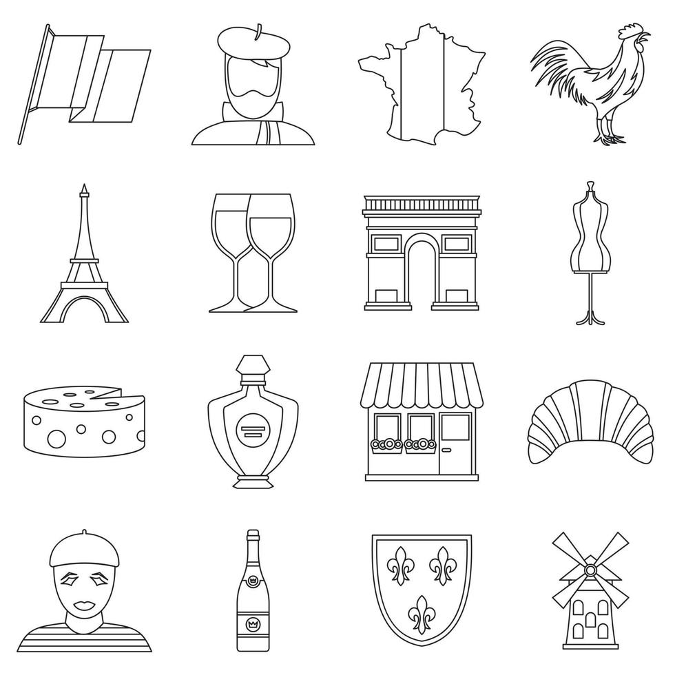 conjunto de iconos de viaje de francia, estilo de esquema vector