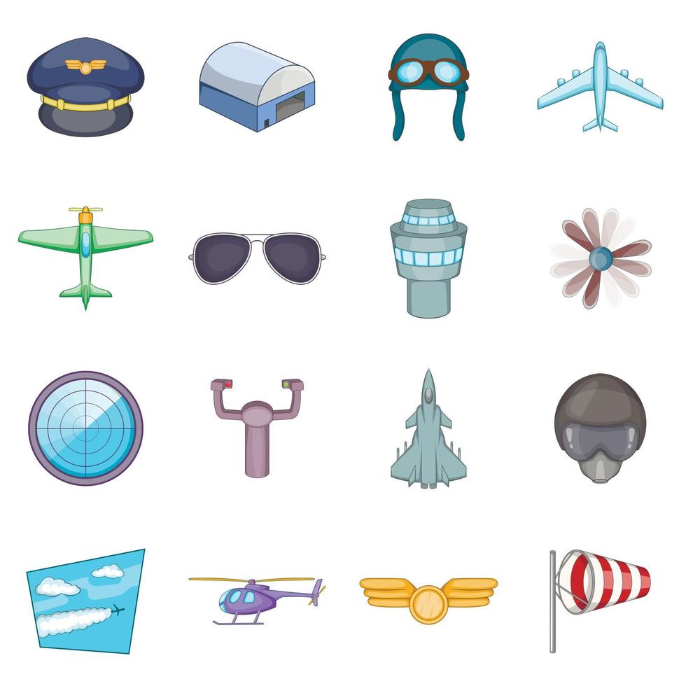 conjunto de iconos de aviación, estilo de dibujos animados vector