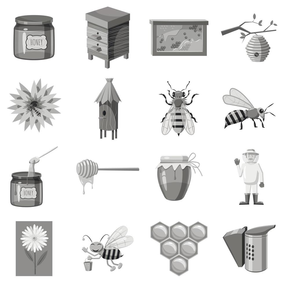 Apiary icons set, gray monochrome style vector