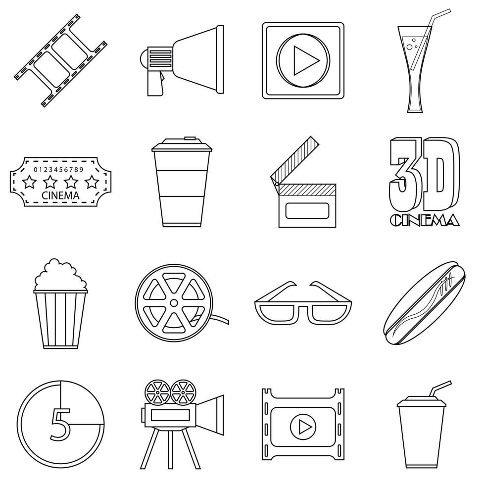 Movie items icons set, outline style vector