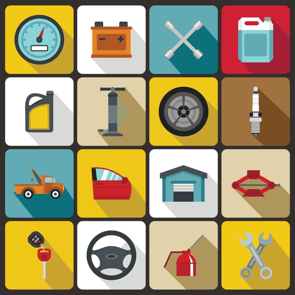 Car maintenance and repair icons set, flat style vector