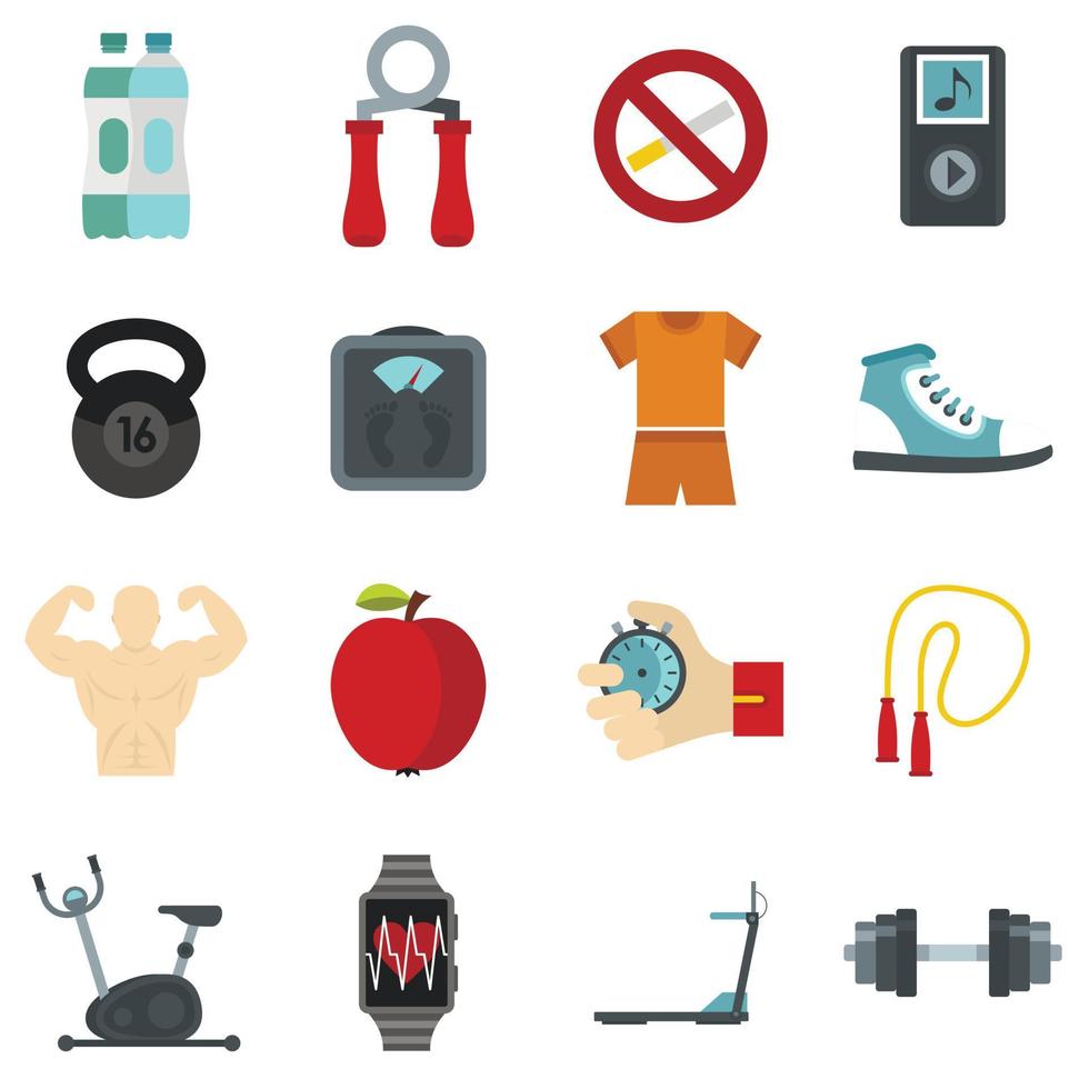 Fitness icons set, flat style vector