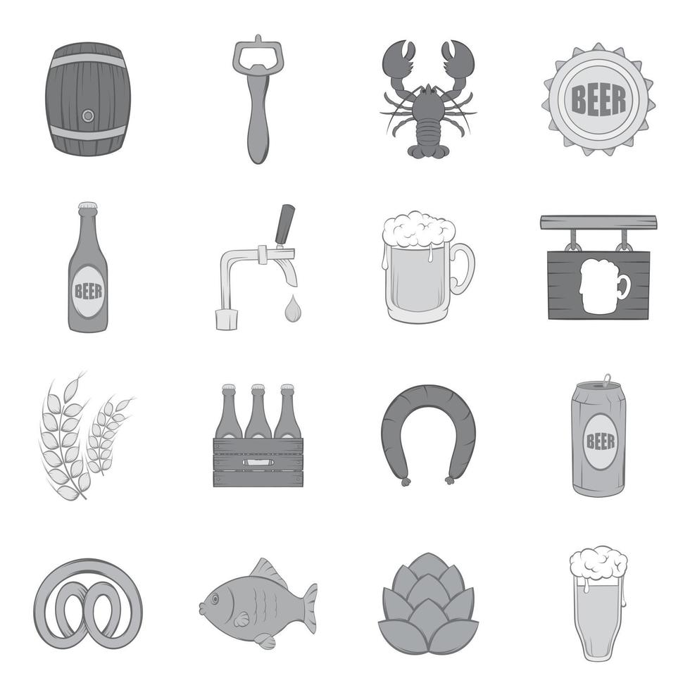 Beer icons set, black monochrome style vector