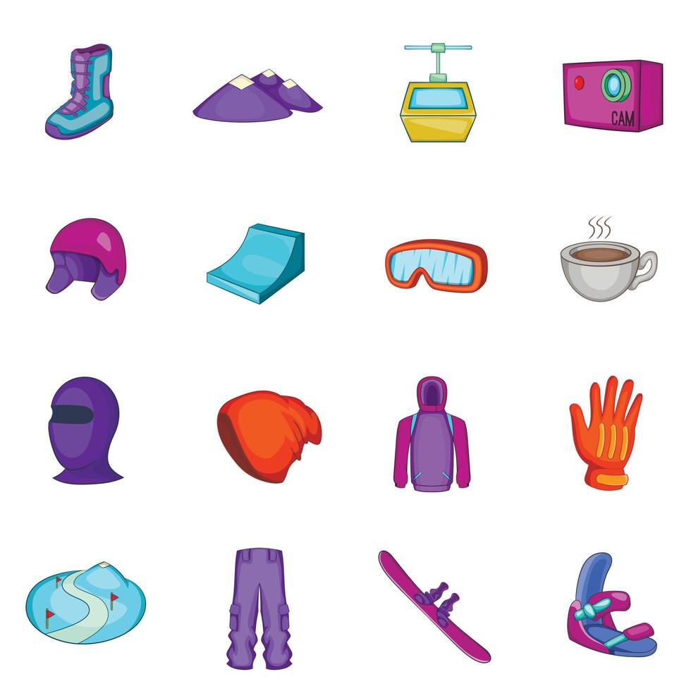 Snowboarding icons set, cartoon style vector