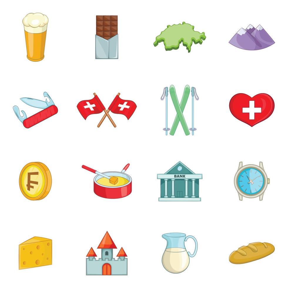 Switzerland travel icons set, cartoon style vector