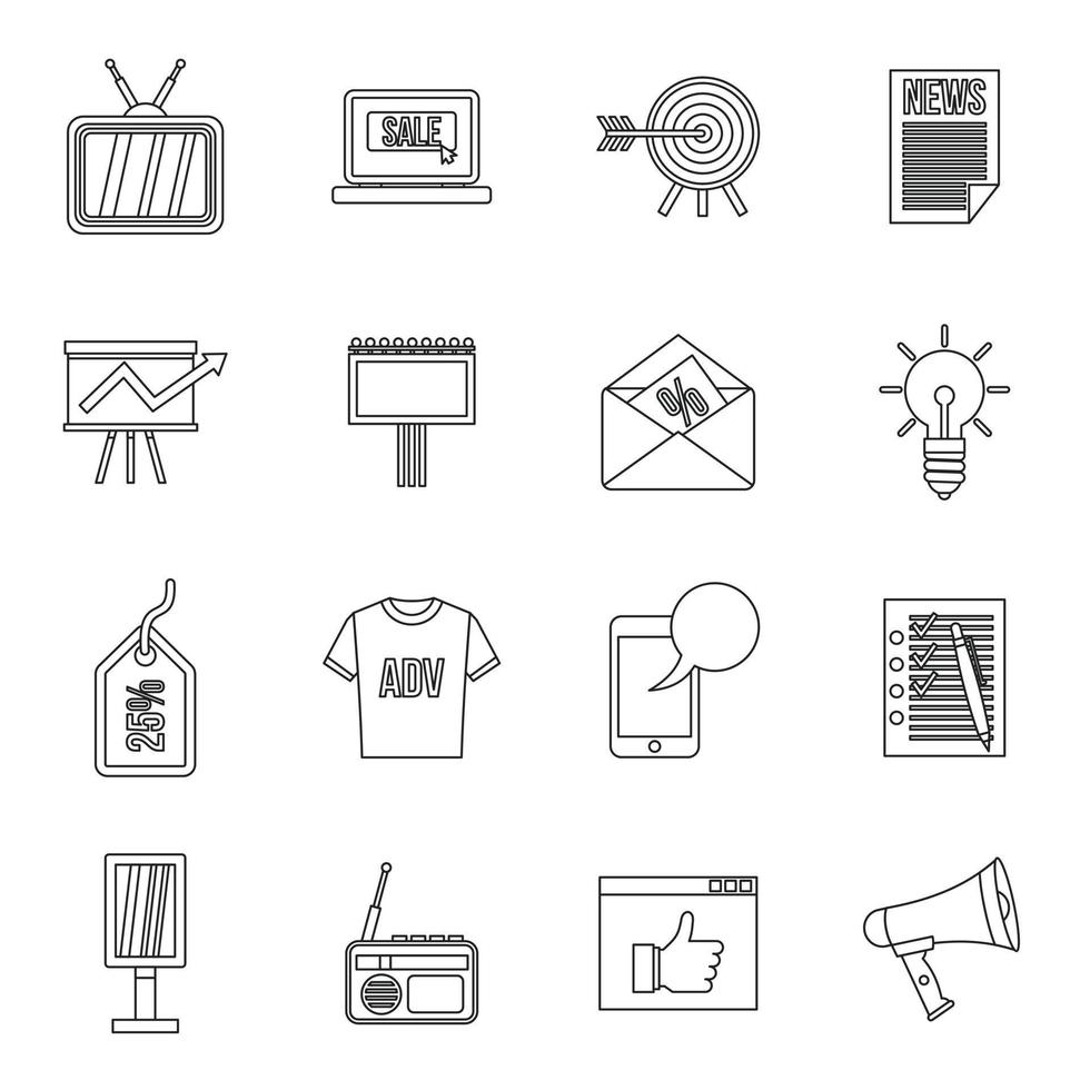 Advertisement icons set, outline style vector