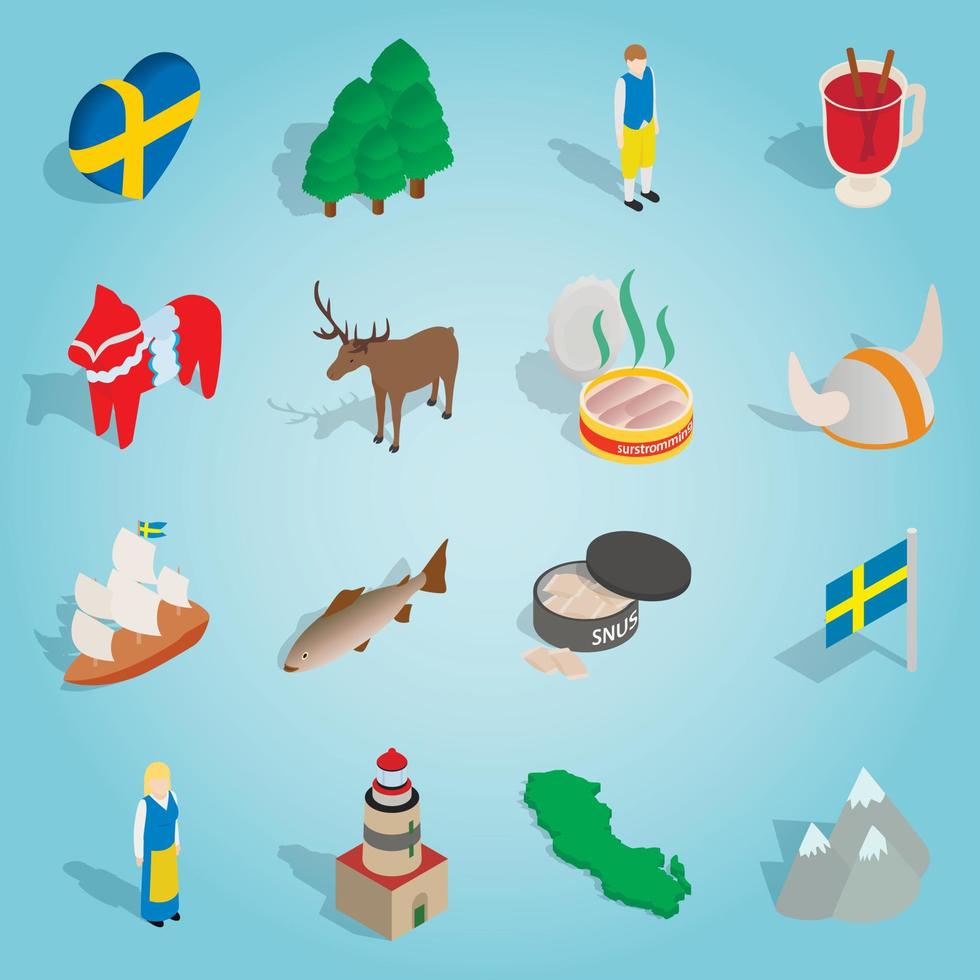 Suecia establecer iconos, estilo 3D isométrica vector