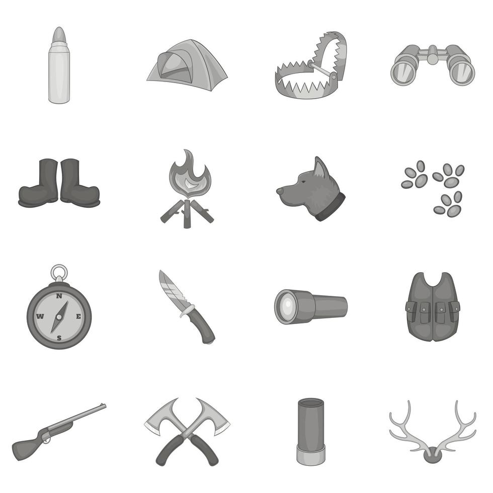 Hunting icons set, black monochrome style vector