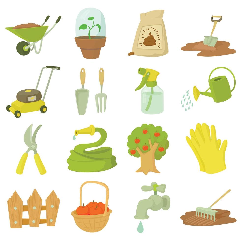 Gardener tools icons set, cartoon style vector