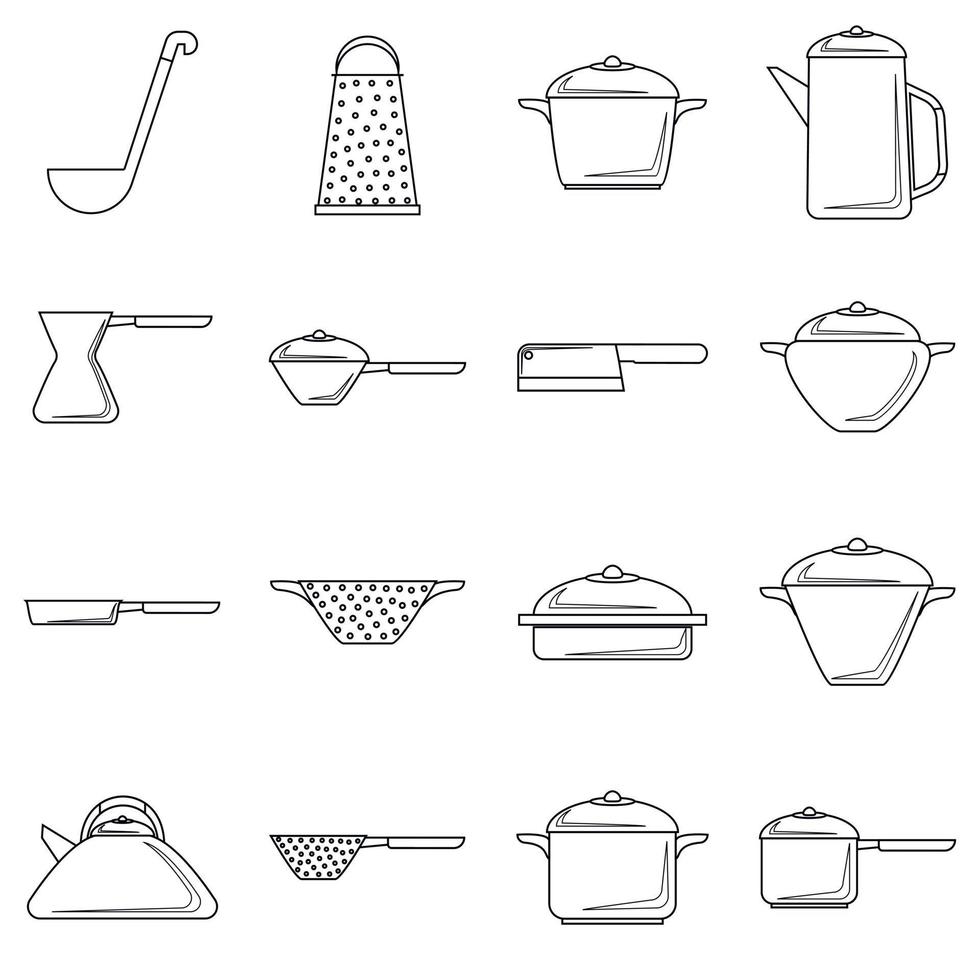 Tableware icons set, outline style vector