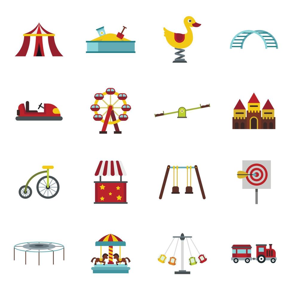 Amusement park icons set, flat style vector