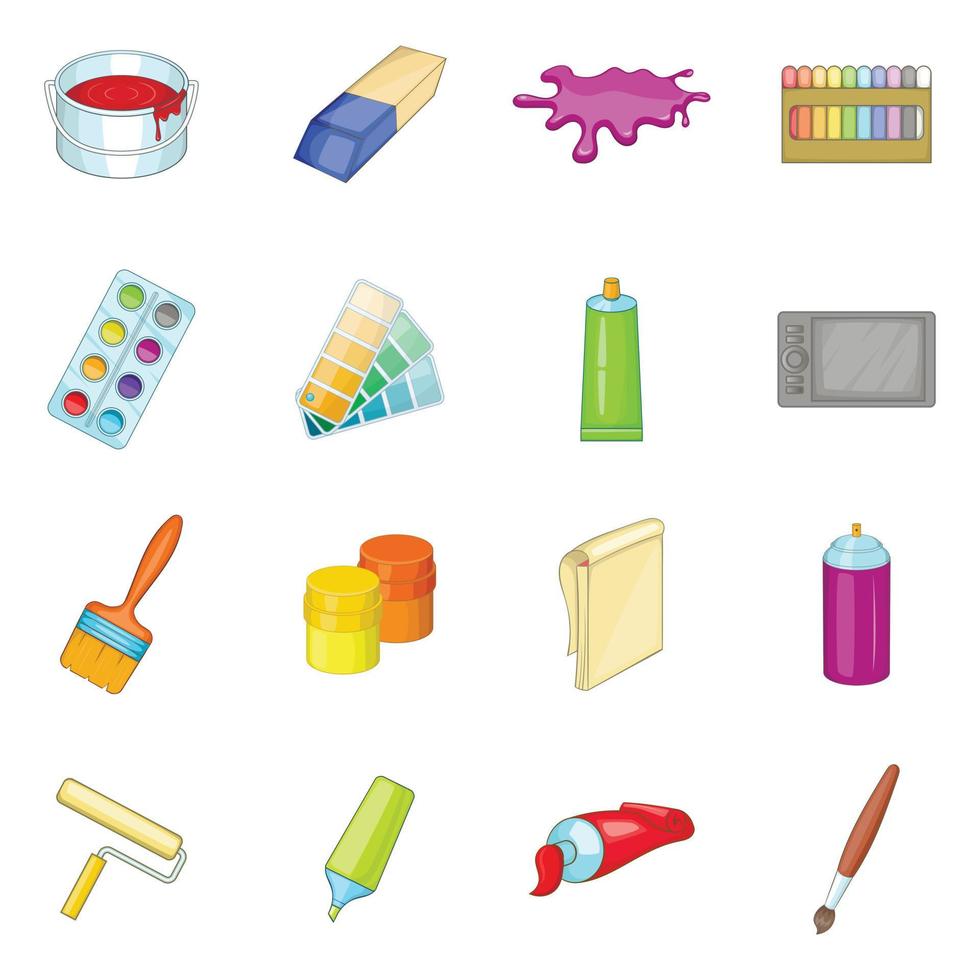 Painter tools icons set, cartoon style vector