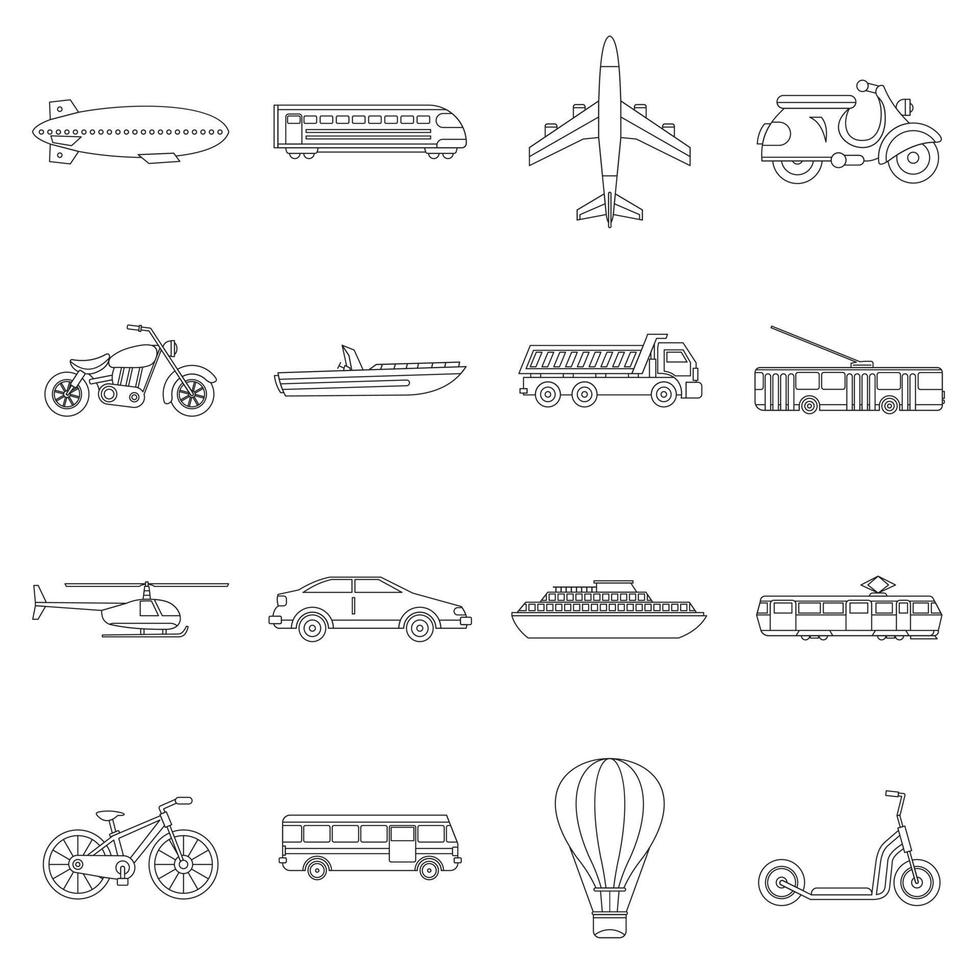 conjunto de iconos de transporte, estilo de esquema vector