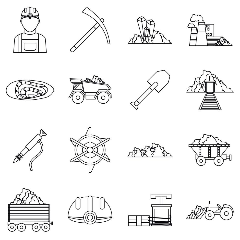 Miner icons set, outline style vector