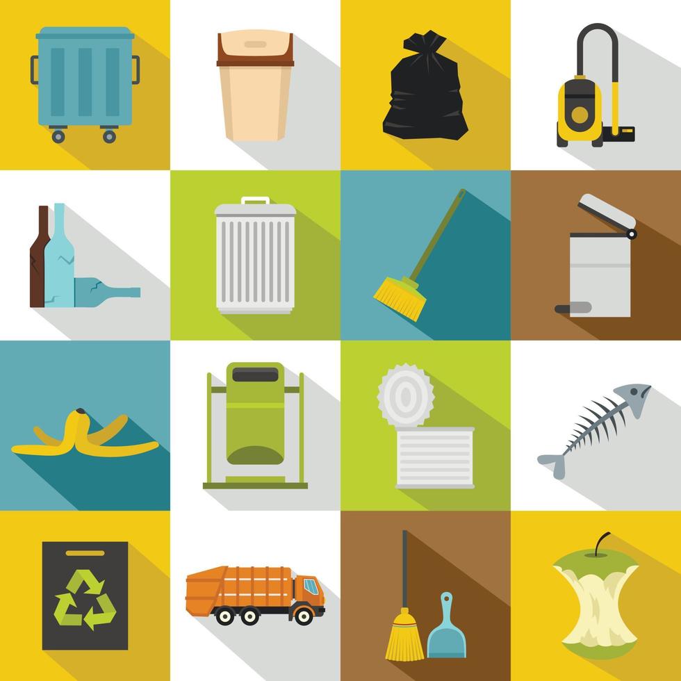 Garbage thing icons set, flat style vector