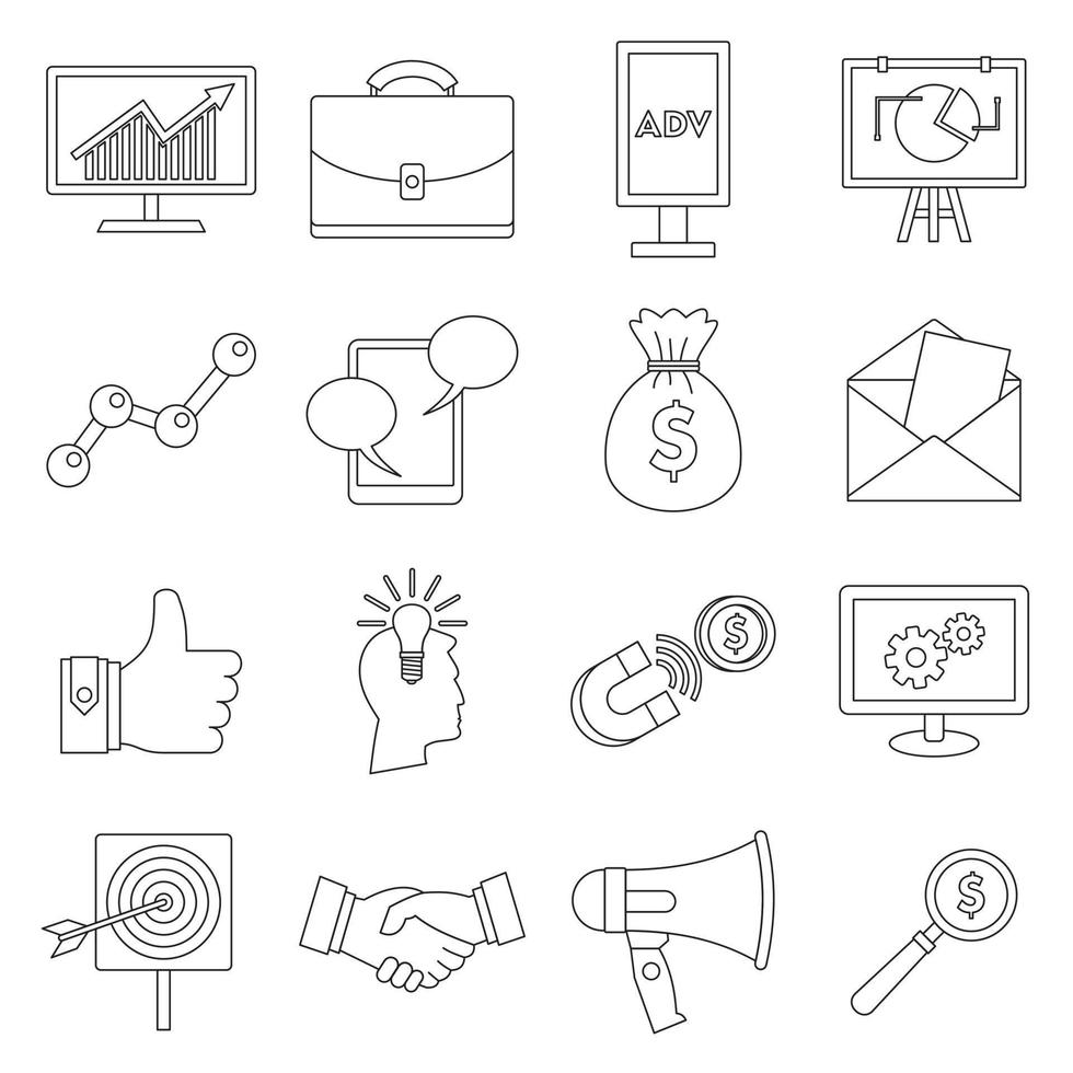 conjunto de iconos de artículos de marketing, estilo de contorno vector