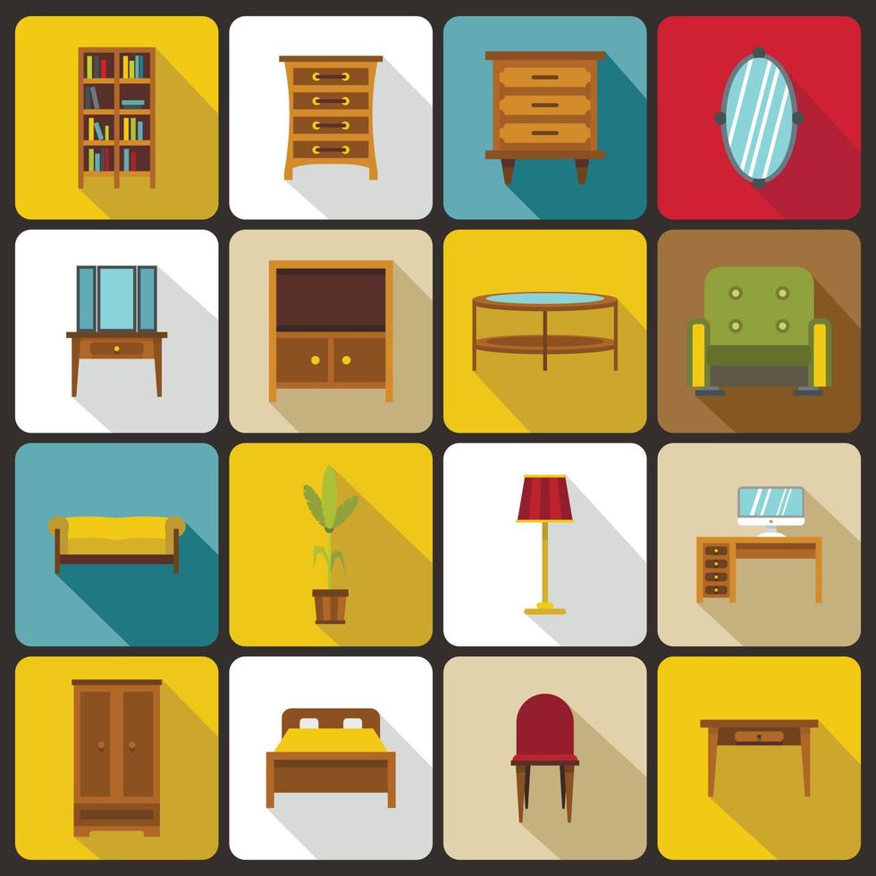 Furniture icons set, flat style vector