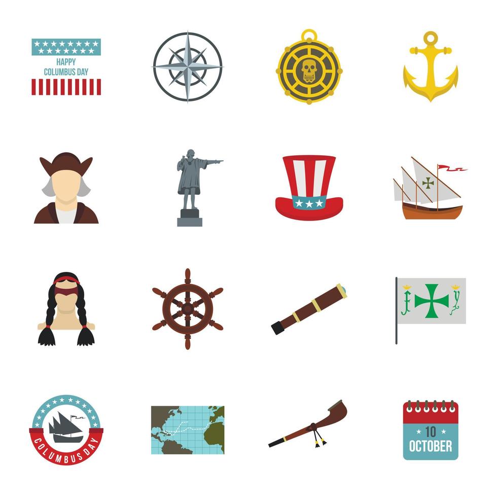 Columbus Day icons set, flat style vector