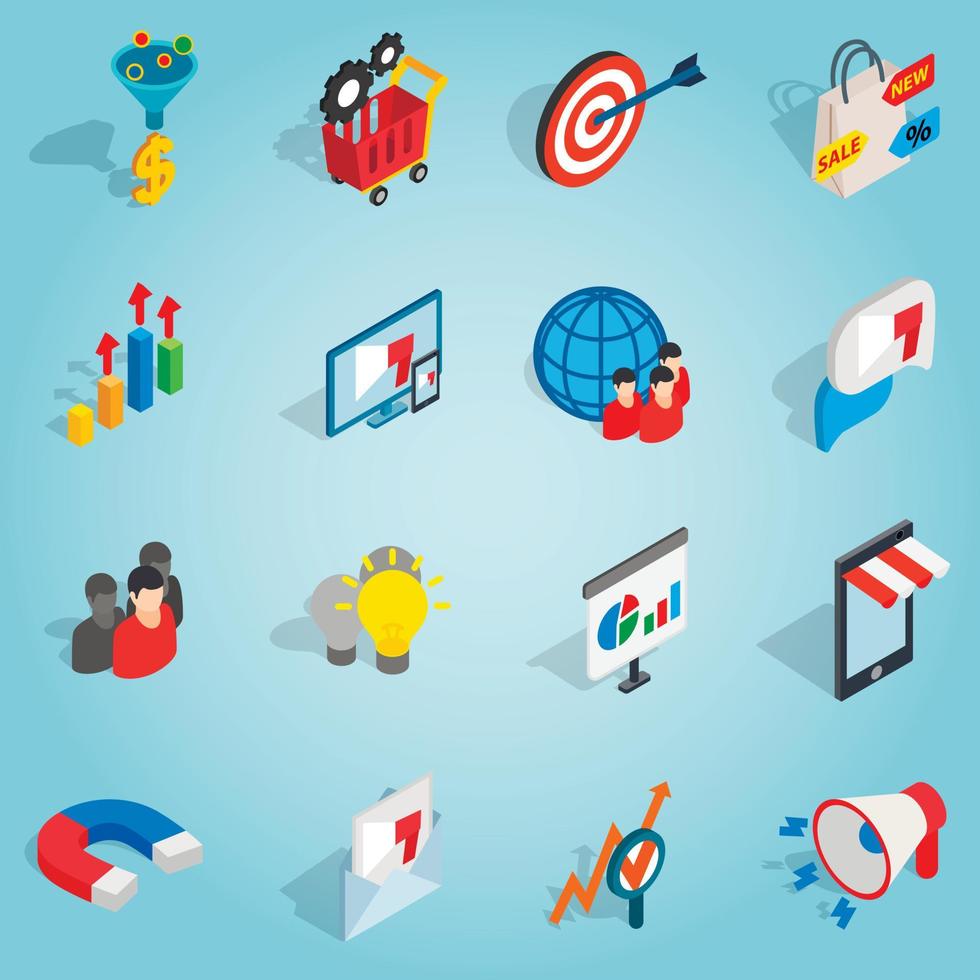 Marketing set icons, isometric 3d style vector