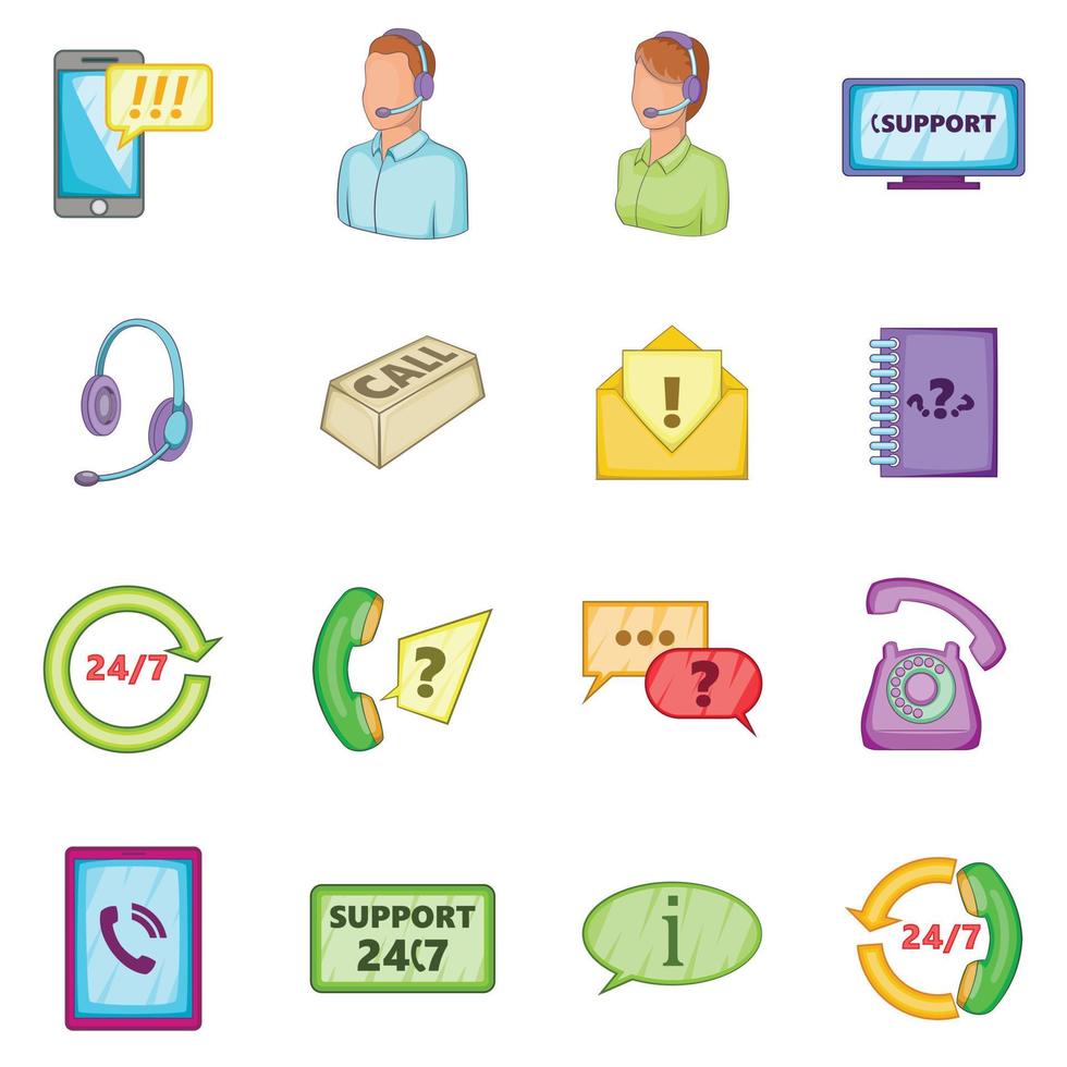 Call center icons set, cartoon style vector