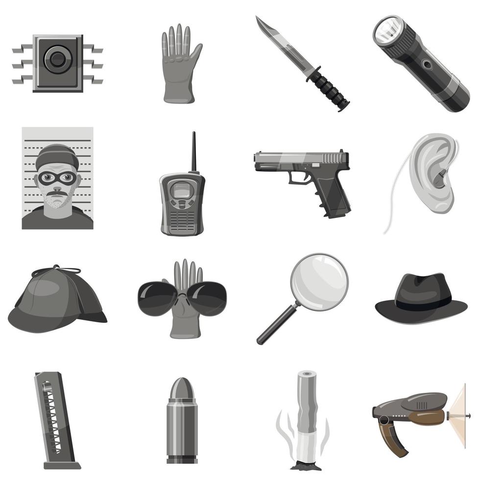 Detective icons set, gray monochrome style vector