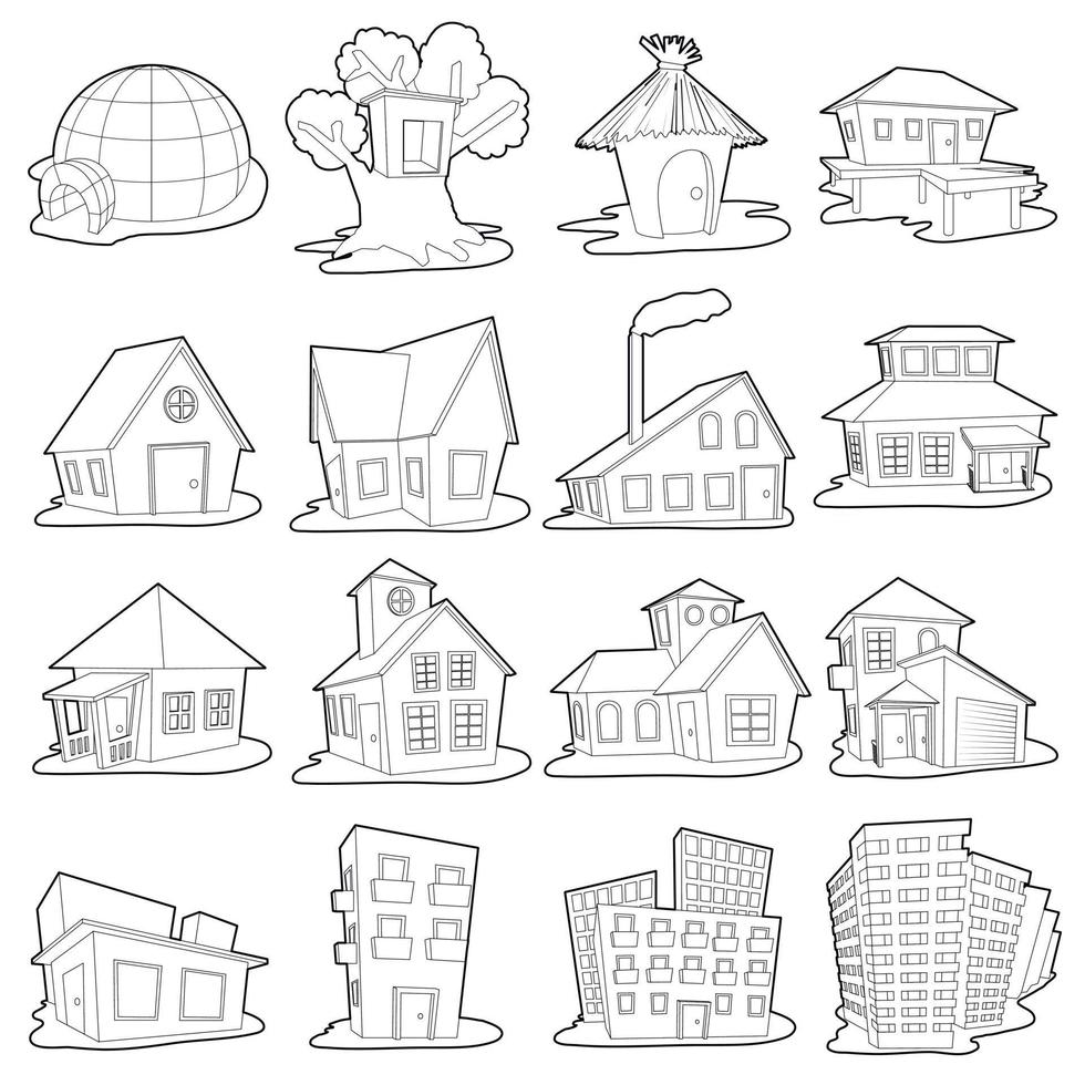 Houses icons set, outline cartoon style vector