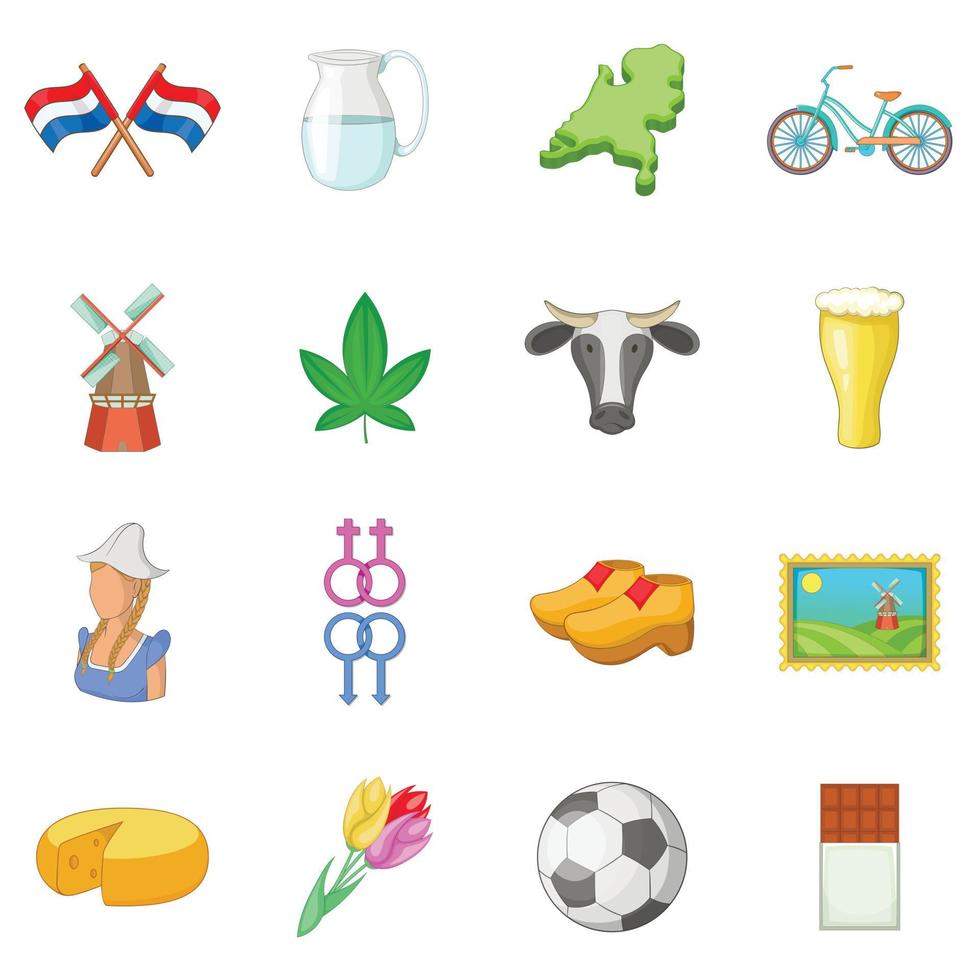 Netherland travel icons set, cartoon style vector