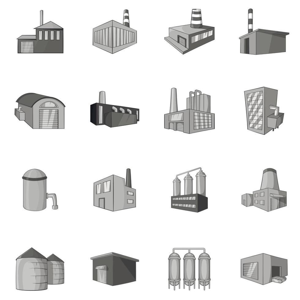 Factory, plant icons set, black monochrome style vector