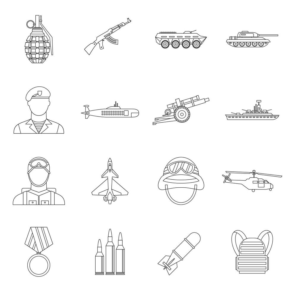 conjunto de iconos de guerra, estilo de esquema vector