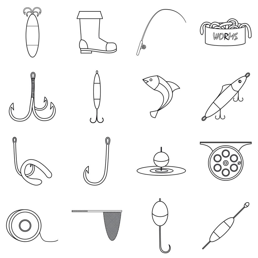 conjunto de iconos de elementos de herramientas de pesca, estilo de esquema vector
