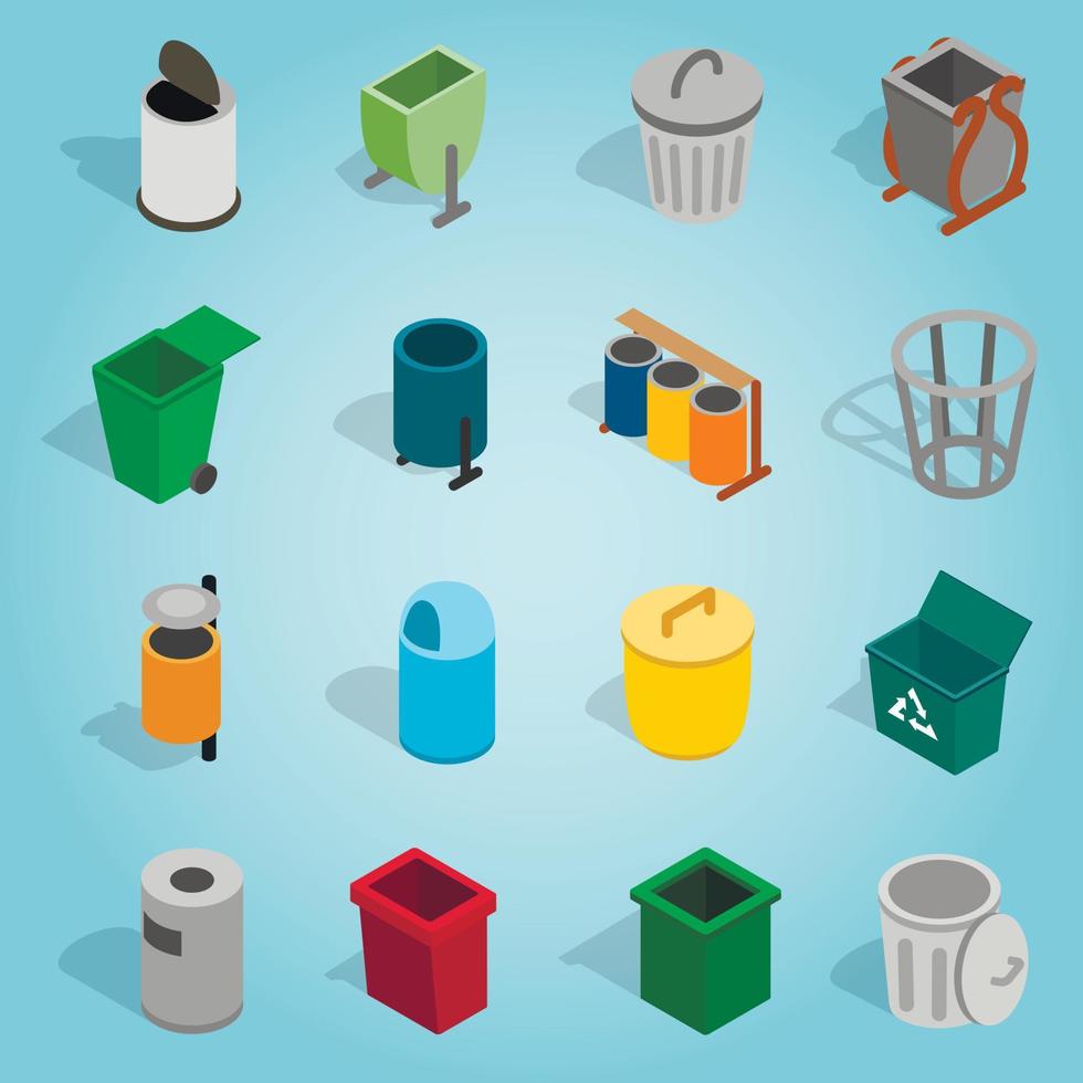 cubo de basura, conjunto, iconos, isométrico, 3d, estilo vector