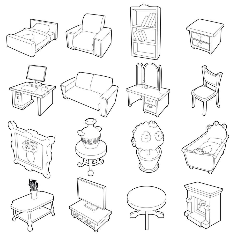 Different furniture icons set, outline style vector