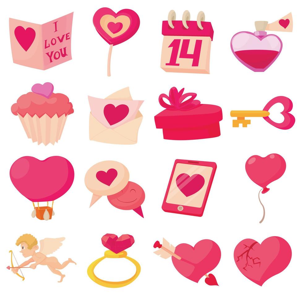 Saint Valentine icons set, cartoon style vector