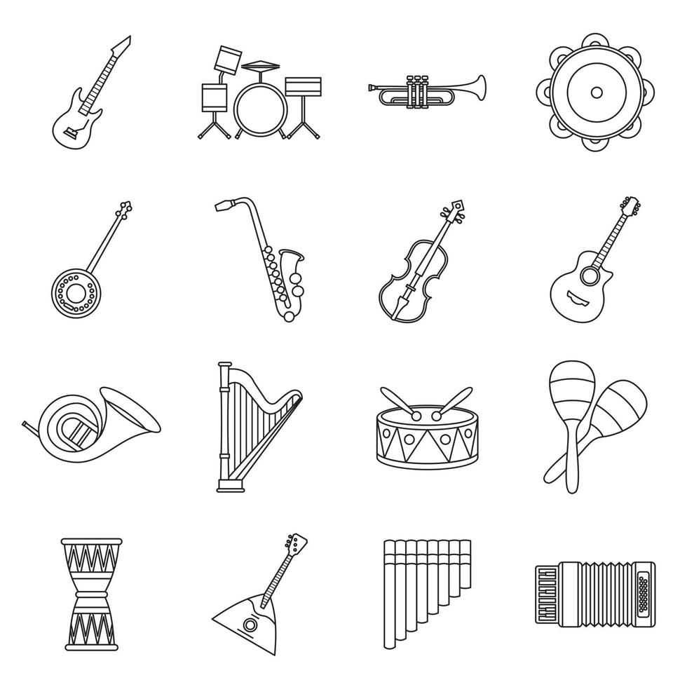 Musical instruments icons set in outline style vector