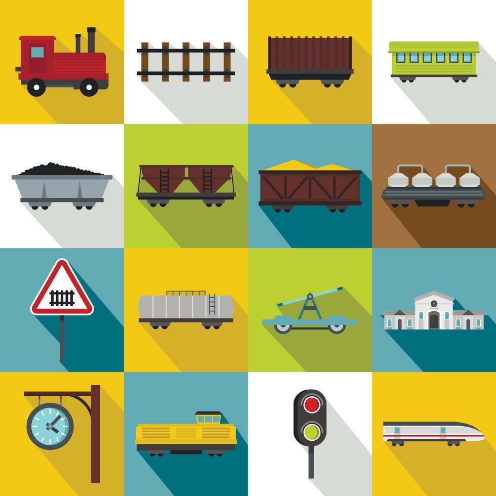 Railway icons set, flat style vector