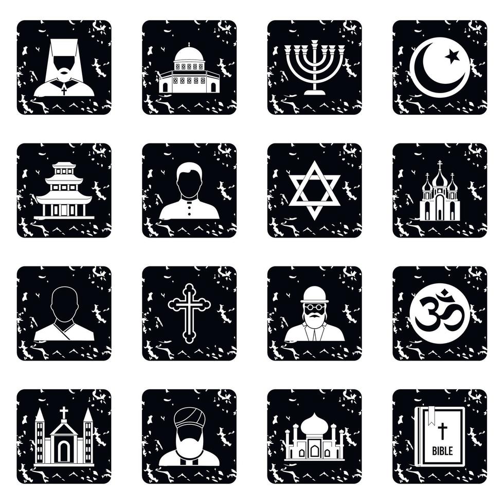 Religion icons set, grunge style vector