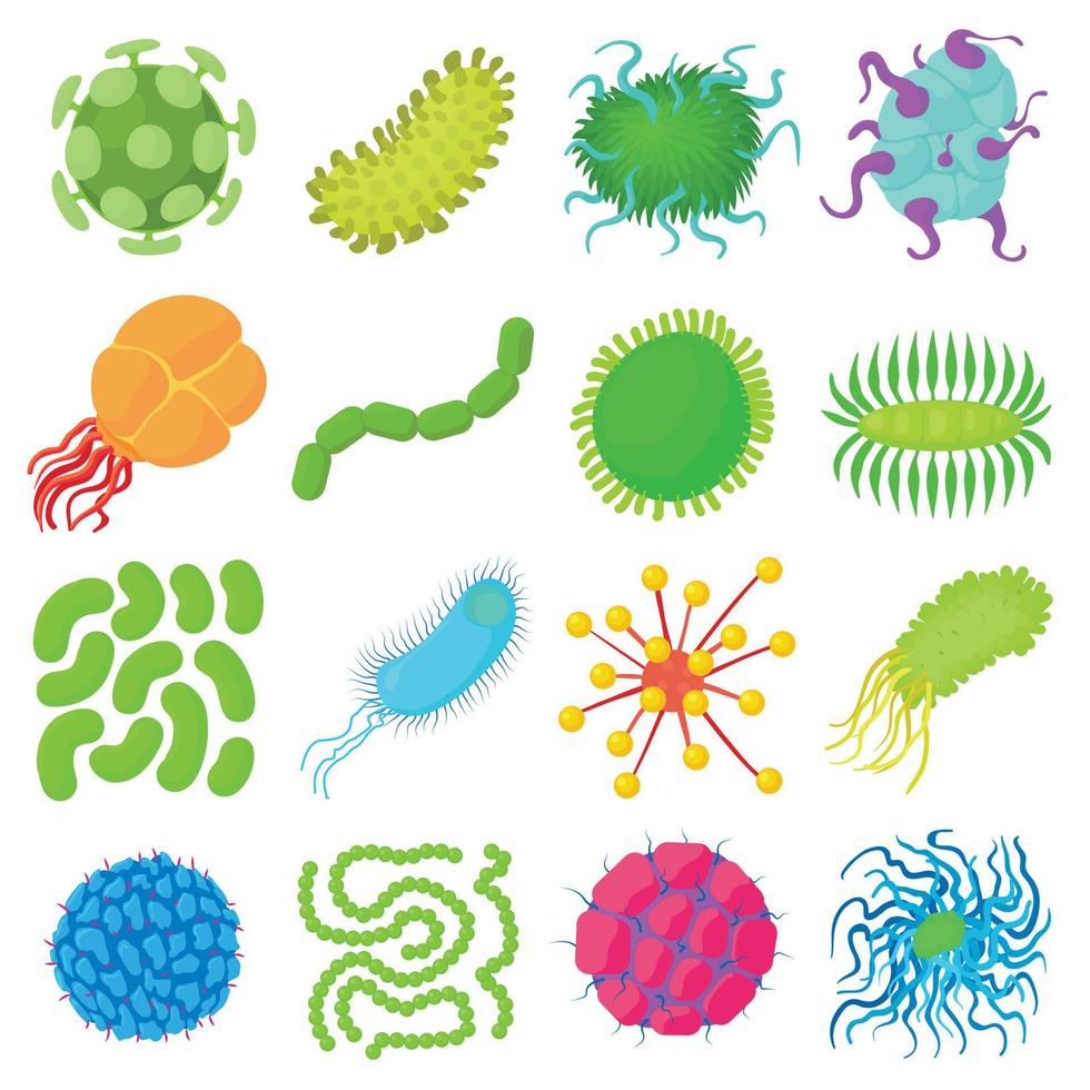 Virus bacteria forms icons set, cartoon style vector