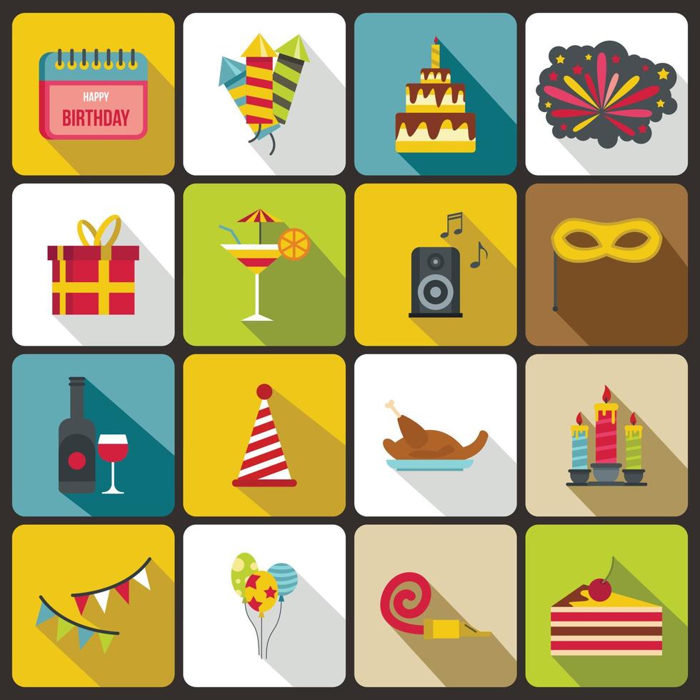 feliz cumpleaños, conjunto de iconos de estilo plano vector