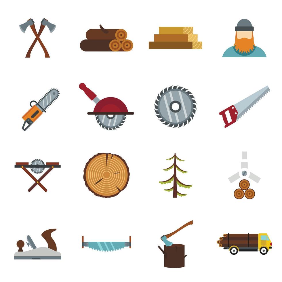 Conjunto de iconos de la industria de la madera, estilo plano vector