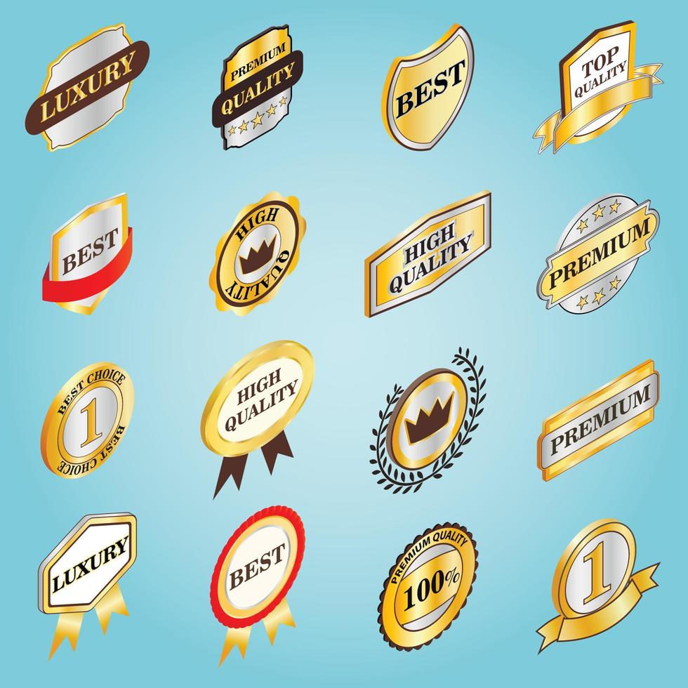 Golden labels set icons, isometric 3d style vector