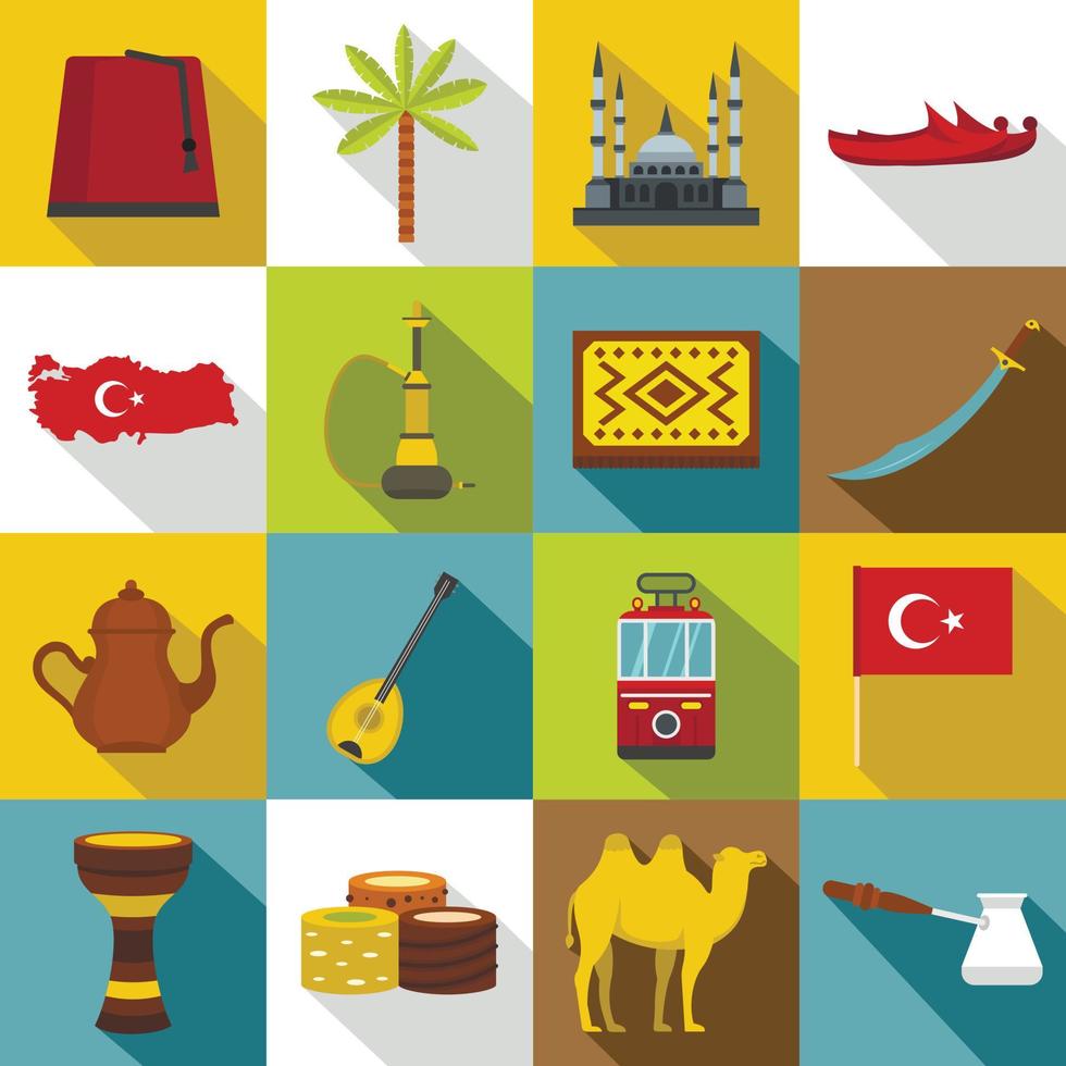 Turkey travel icons set, flat style vector