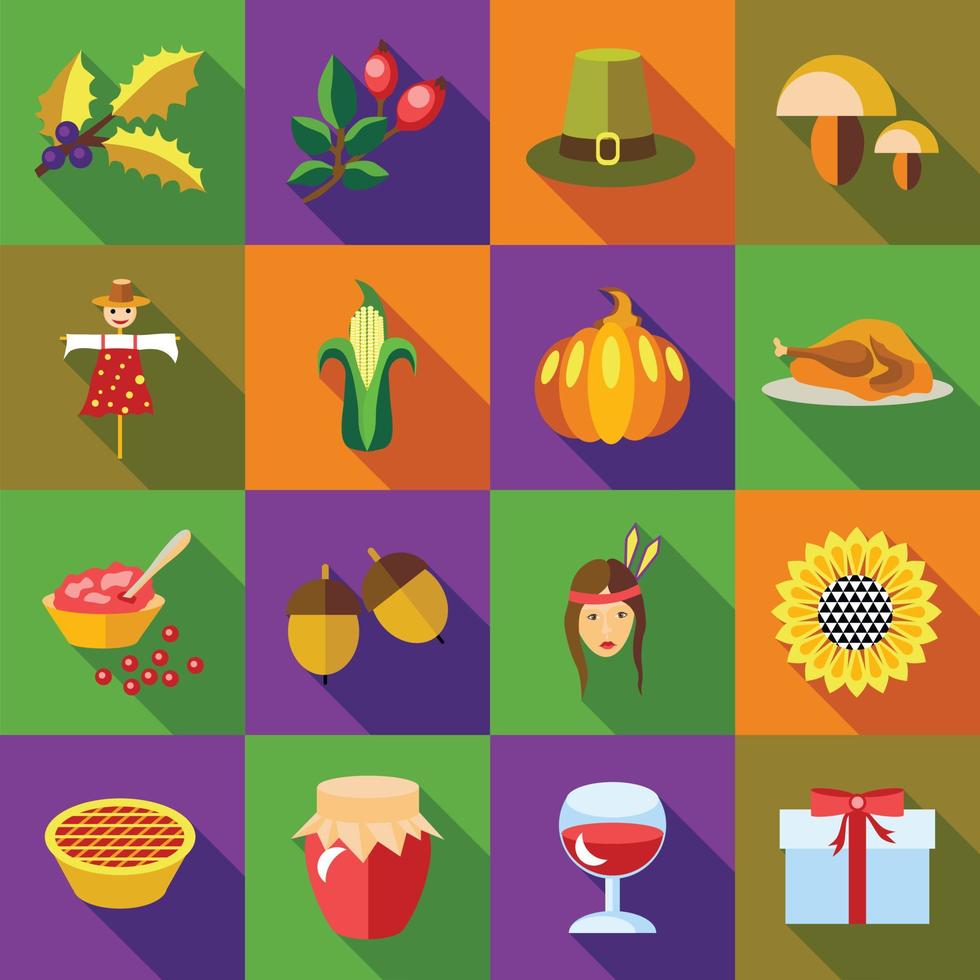 Thanksgiving icons set, flat style vector