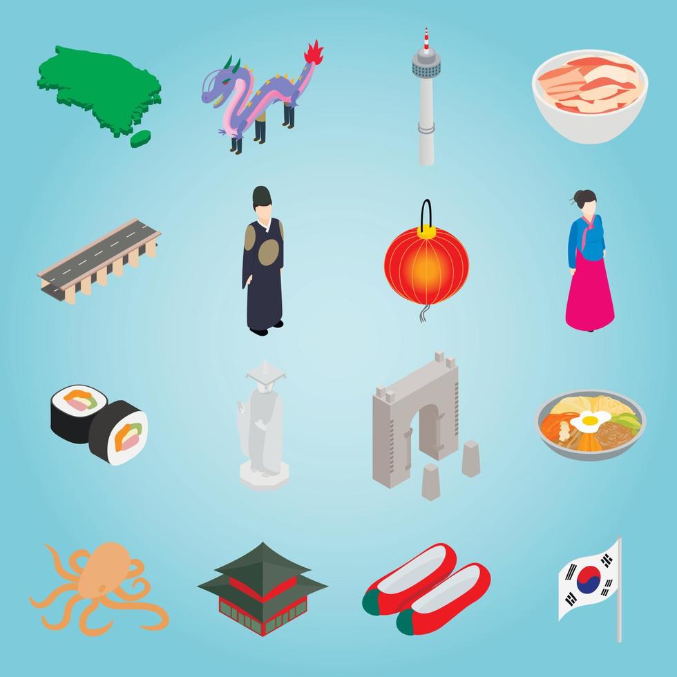 South Korea set icons, isometric 3d style vector