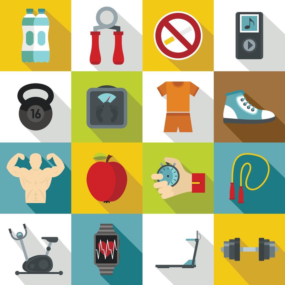 Fitness icons set, flat style vector