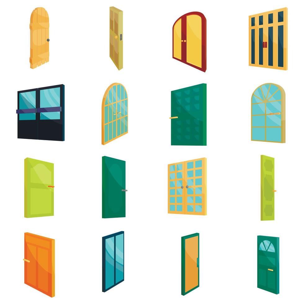 Doors icons set, cartoon style vector